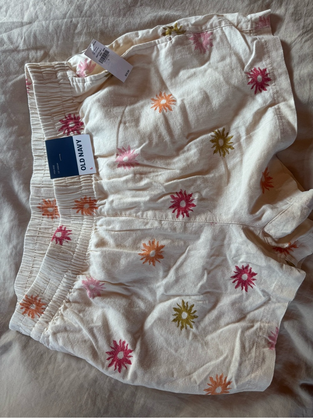 Old Navy Cream High-Waist Shorts with Multicolor Sunflower Embroidery